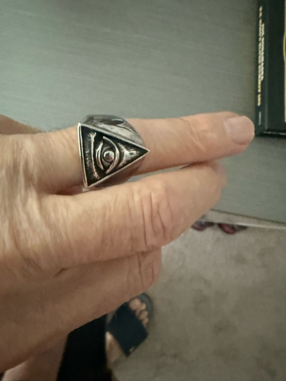 Triangular Eye Statement Ring in Black-Silver Finish masonic ring size 10